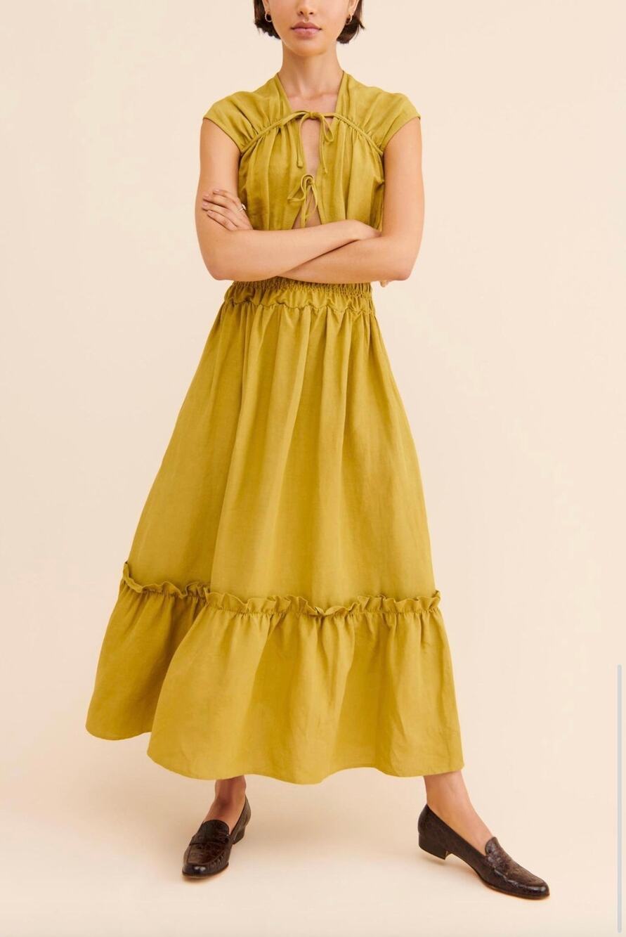 OhSevenDays Winona Cut Out Dress Small Green Linen Blend Maxi Tie Front